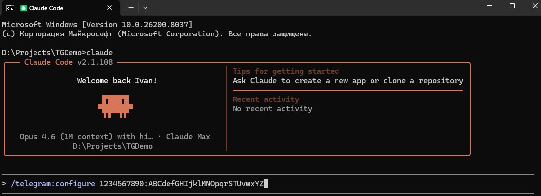 Команда /telegram:configure выполнена